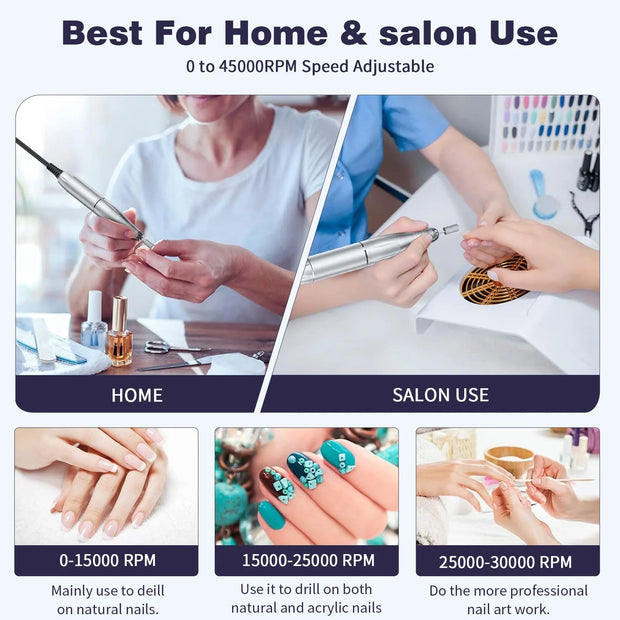 45000RPM Nail Drill Machine Kit Rechargeable Nail Sander Machine With